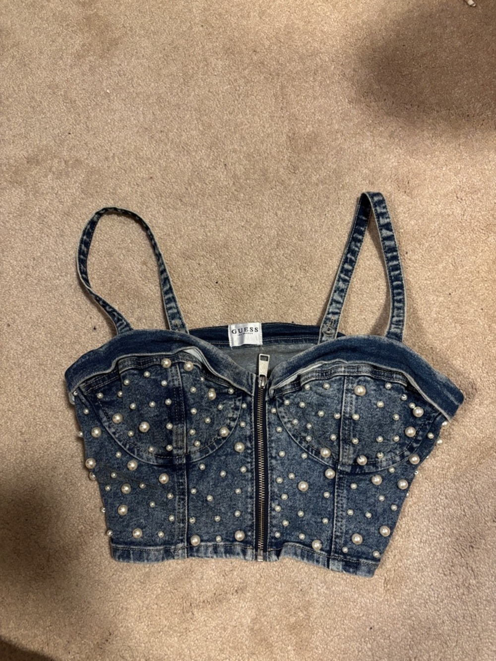 Guess Dark Blue Denim Pearl-Embellished Bustier Crop Top